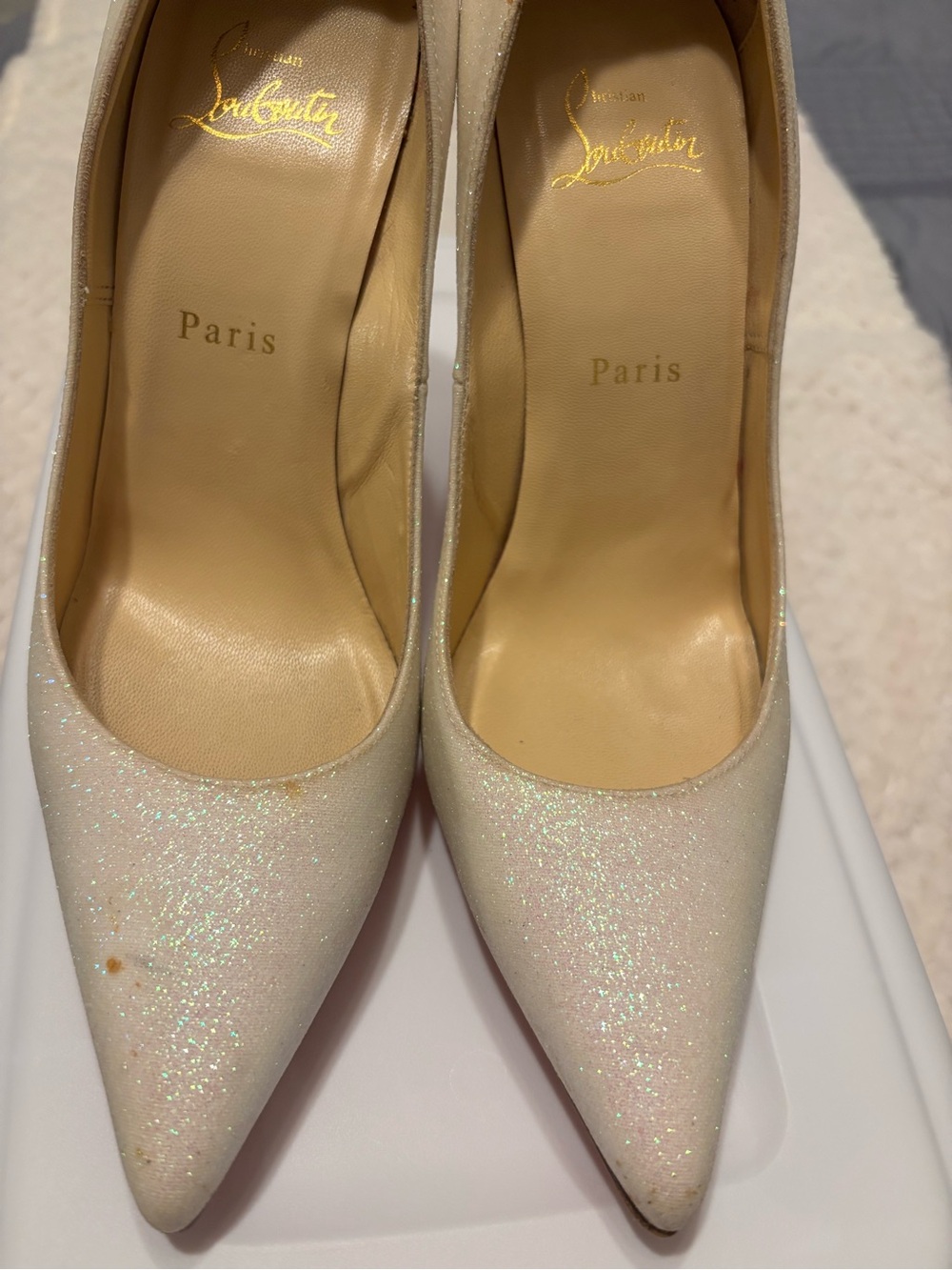Christian Louboutin Décolleté Ivory Iridescent Glitter Pointed Pumps